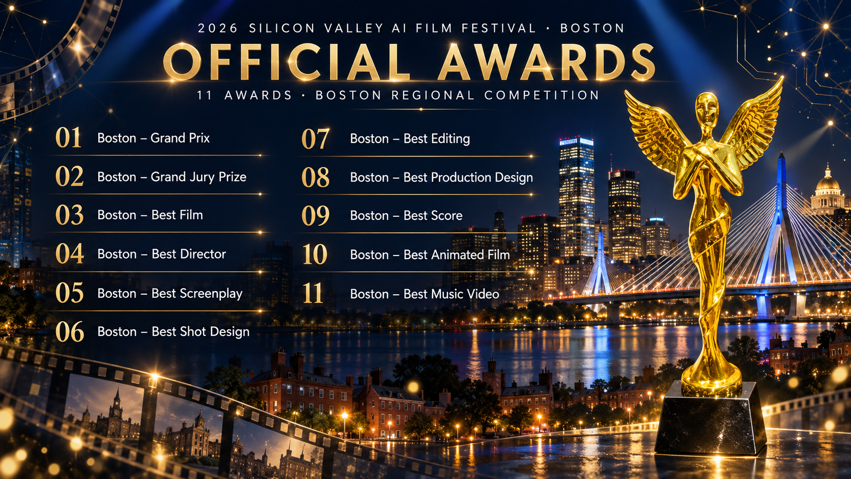 Official Awards — AI film excellence. One global stage. AI Innovation Award: recognizing innovative integration of artificial intelligence in cinematic storytelling. Best AI Short Film: honoring outstanding achievement in original AI-powered short filmmaking. Best Director: celebrating excellence in creative vision, direction, and cinematic execution. Audience Choice Award: recognizing the film that creates the strongest connection with audiences. Official Selection: selected works are invited to present during the Boston AI Film Festival showcase at MIT.