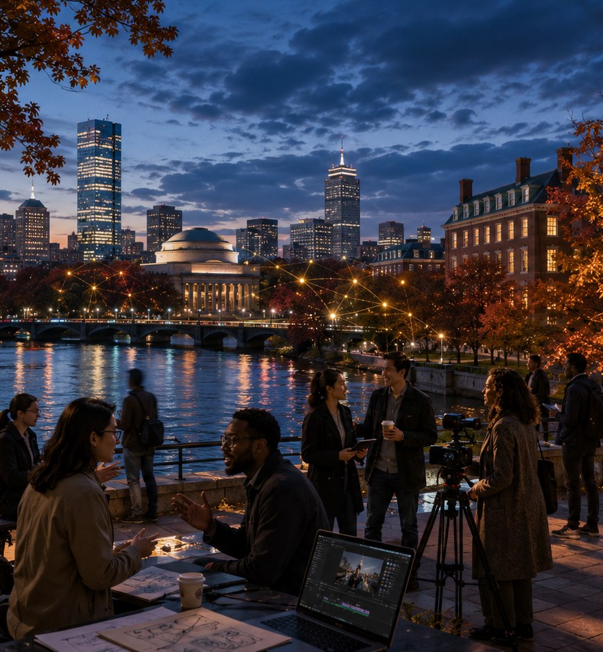 Filmmakers along the Charles River with the Boston skyline and MIT dome at dusk